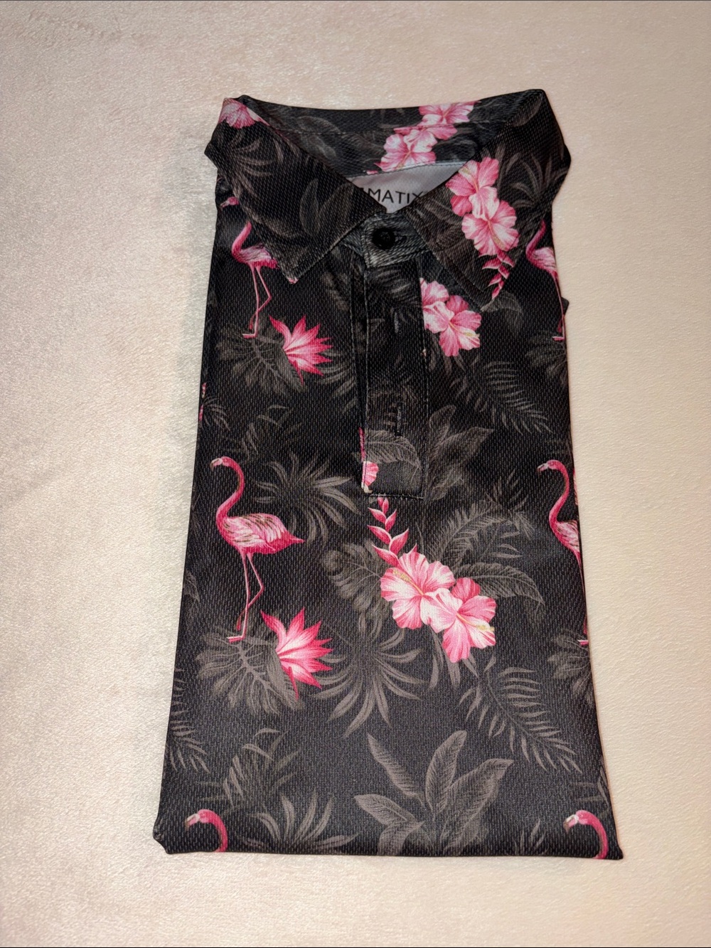 Matix Black Polo with Pink Flamingo & Floral Print Size Small